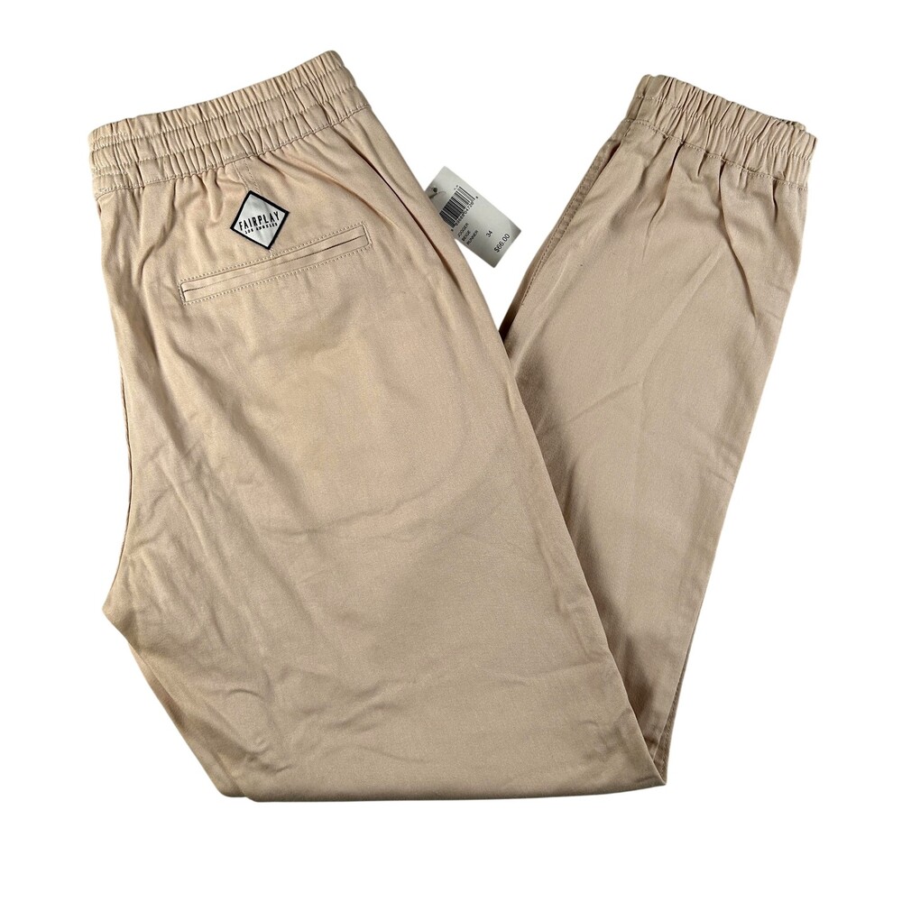 Fairplay Pants Mens 34x30 Beige Jogger Stretch Elastic Waist Cuffed Casual